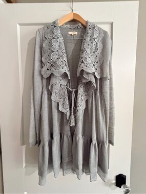Ryu Light Gray Lace-Trim Ruffle Cardigan